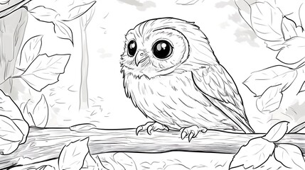 A small owl with big round eyes perched on a low branch, surrounded by scattered leaves, bold lines, low details, no shading, child-friendly design,