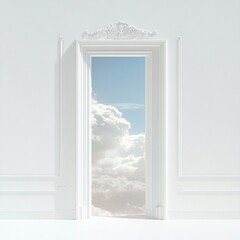 A serene open door revealing a sky filled with clouds against a minimalist white interior, symbolizing freedom and possibilities.