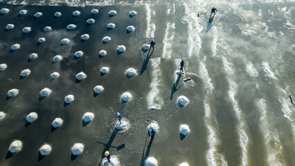 Harvesting salt in Hon Khoi salt field, Nha Trang. Photo taken in Nha Trang on August 20, 2023.