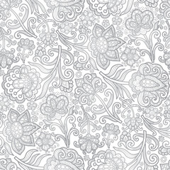 Swirl flowers, paisley pattern, white and grey colours. Seamless floral pattern-436.