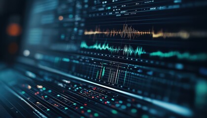 Close-up of modern audio frequency analysis on digital screen, showcasing vibrant waveforms and data visualization.