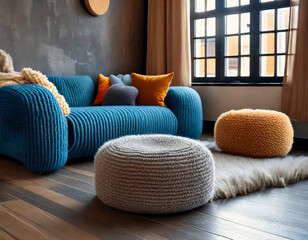 Cozy living room featuring a blue ribbed sofa and textured poufs in a modern home setting