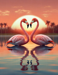 Naklejka premium Two flamingos gracefully mirror each other at sunset on a tranquil lake surrounded by palm trees