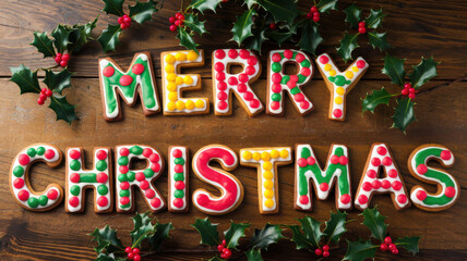Colorful decorated cookies spelling Merry Christmas on a wooden background.