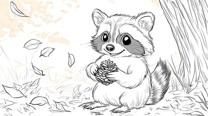 Naklejka premium A smiling raccoon clutching a pinecone, standing beside a simple bush, minimal background with scattered leaves and a tree trunk, bold lines, low details, no shading,