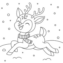 Deer prancing joyfully in the snow outline coloring page. Christmas and Winter Animal Illustration
