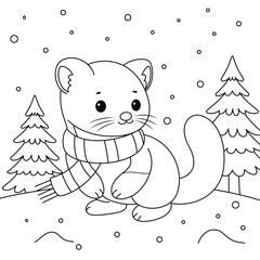 Pine marten outline coloring page. Christmas and Winter Animal Illustration