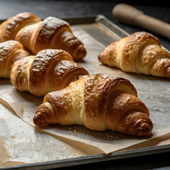 Fototapeta premium Freshly baked croissants arranged on a baking sheet,