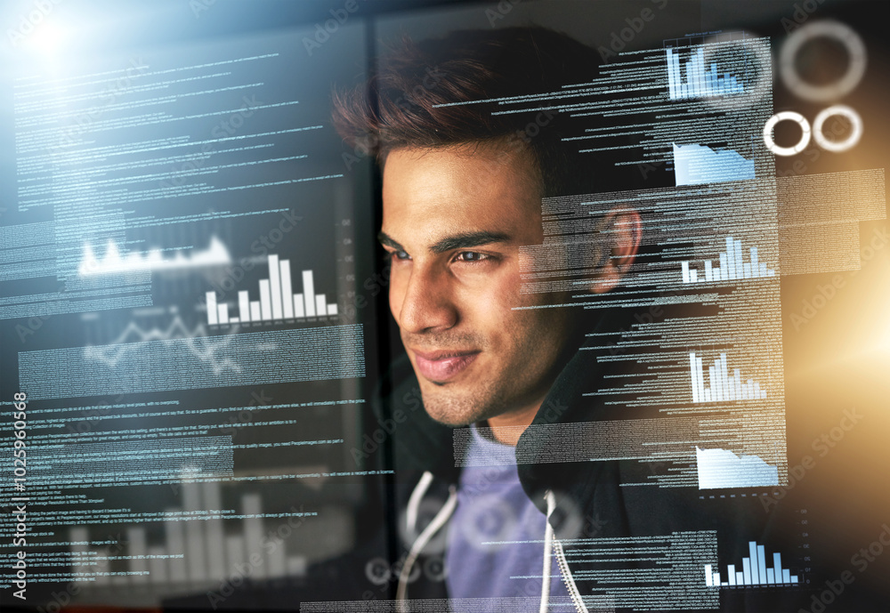 Poster Man, programmer and hologram for digital transformation of of stock market growth and firewall update. Database, overlay and dashboard with computer charts and programming for company cyber security
