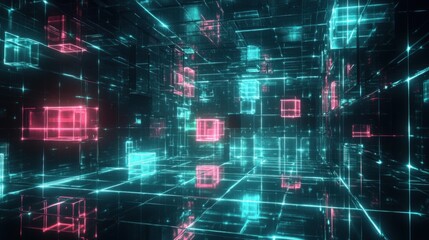 Fototapeta premium A futuristic digital space with glowing cubes in blue and pink hues.