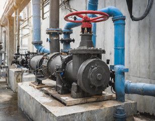 Industrial water pump installation with pipes and valves in a factory setting