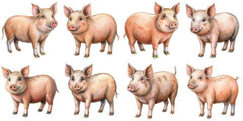 Hand Drawn illustration set of pig . isolate on a white background. PNG
