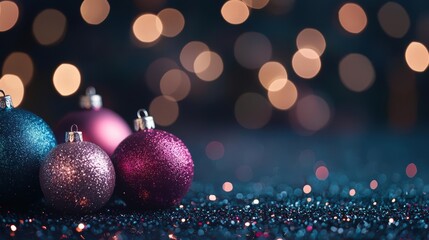 Colorful Christmas ornaments on glittering surface with festive bokeh lights in the background.