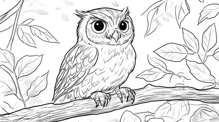 Fototapeta premium An owl perched on a low branch in the forest, bold lines, low details, no shading, large round eyes, simple leaves in the background, child-friendly design --ar 16:9 --sref https://s.mj.