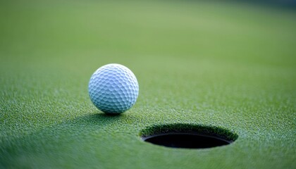 A close-up of a golf ball positioned near a hole on a green, highlighting the sport's precision and skill.