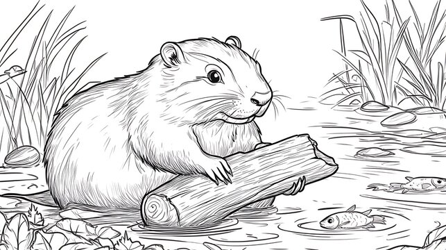 A beaver holding a log by the pond, small fish swimming nearby, surrounded by tall grass and water plants, bold lines, low details, no shading, child-friendly design --ar 16:9 --sref https://s.mj.
