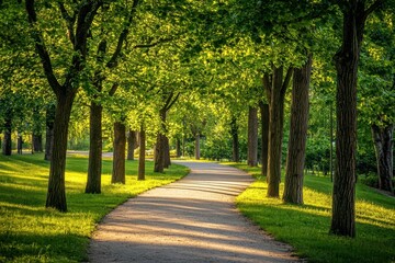 Obraz premium Serene Pathway Through Vibrant Green Trees