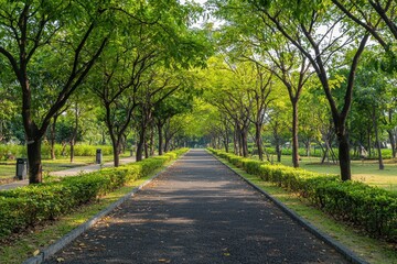 Obraz premium Scenic Pathway Surrounded by Lush Green Trees