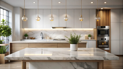 Fototapeta premium Product display and showcase - empty marble countertop against a blurred Scandinavian-Japandi themed kitchen with modern lights in the background