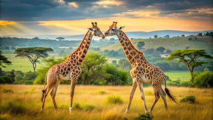 Giraffes Engaging in a Majestic Duel Amidst the African Savanna