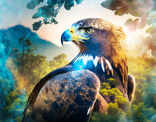 Fototapeta premium An eagle with a breathtaking mountain reflection in its body near a serene lake at sunset
