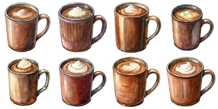 Hand Drawn illustration set of hot chocolate mug . isolate on a white background. PNG
