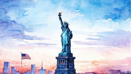 Fototapeta premium A watercolor depiction of the Statue of Liberty at sunset with an American flag in the background.
