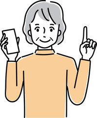 スマホを持って説明をするシニア女性