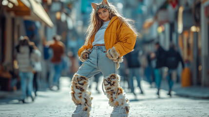 Young woman in a cougar costume vibrant yellow jacket and furry pants poses on a busy urban street, showcasing a unique fashion style amid dynamic city life. Quadrober subculture