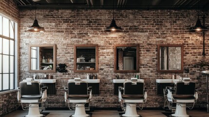 A trendy men's barber shop with minimalist design, industrial lighting, and sleek black chairs against a backdrop of exposed brick.