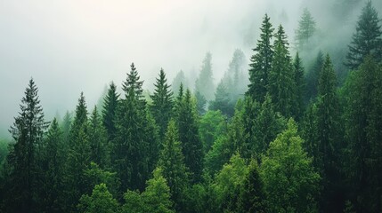 Fototapeta premium Serene Green Forest with Tall Trees and Soft Mist