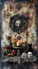 Witch's Altar Junk Journal Page, central image of an altar with candles, skulls, pentagrams, black cat, rich dark colors, textured aged parchment, mystical feel