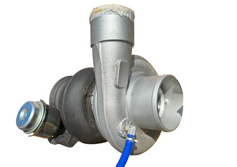 Turbocharger isolated on white. Turbine for sport car engine. Turbo charger air pressure to engine...