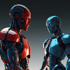 Two futuristic robots, one blue and one red, face off before a match,