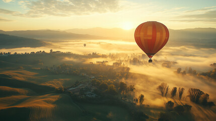 Hot Air Balloon Over Rolling Hills At Dawn With Mist And Sunrise