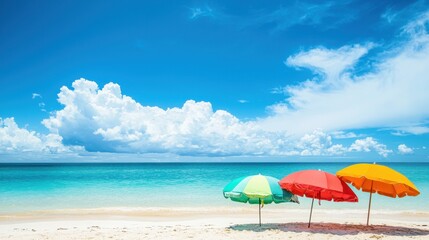 Colorful Beach Scene with Umbrellas Under a Bright Sky