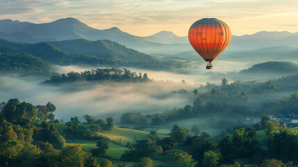 Hot Air Balloon Drifting Above Foggy Forest Valley At Sunrise