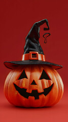 Halloween pumpkin wearing a whimsical hat, vibrant solid color backdrop, playful front view, festive seasonal decor
