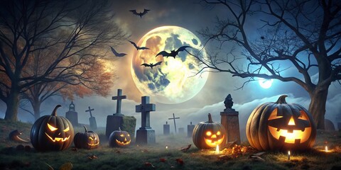 Halloween Cemetery Scene with Pumpkins and Bats Under Full Moon