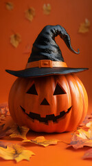 Cheerful Halloween Pumpkin with Hat, vibrant solid color backdrop, whimsical character, festive spirit, perfect for seasonal celebrations