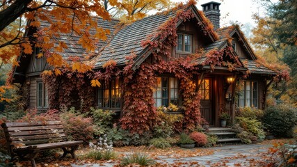 Nostalgic fall cottage with red ivy and wooden bench in a peaceful, intimate scene