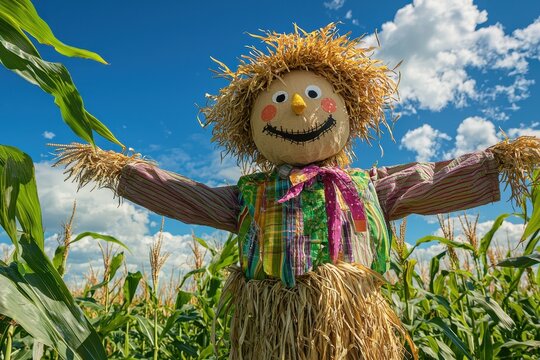 Cheerful Traditional Scarecrow in Cornfield