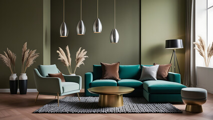 Modern luxury interiors designs. Empty painted wall.dark accent furniture and blank background.Bedroom interior trend 2024 year Modern luxury apricot room interior home designs