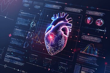 A blue and red digital image of a human heart. Futuristic medical research