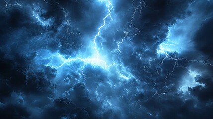 Fototapeta premium Dramatic storm clouds illuminated by lightning, creating a striking visual of nature's power and intensity on a dark background.