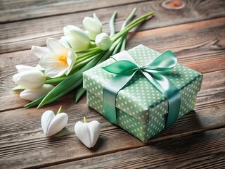 Happy Father's Day Gift Box with Mint Bow and Crocus Flowers on Rustic Wooden Background