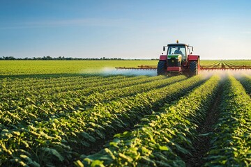 Obraz premium A red tractor sprays crops in a lush green field under a clear blue sky, highlighting agricultural practices.