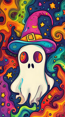 Playful ghost magician for Halloween, charming cartoon style, vibrant colors, engaging coloring book cover for kids, thick outlines, whimsical design