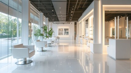 A chic, modern hair salon with glossy white interiors, geometric lighting, and glass dividers for a sleek, luxurious touch.