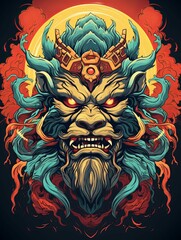 Fierce Blue-Haired Lion with Red Eyes and Golden Crown